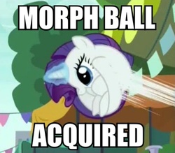 Size: 516x453 | Tagged: safe, screencap, rarity, g4, the gift of the maud pie, behaving like pinkie pie, bouncing, caption, curled up, female, image macro, magic, meme, metroid, morph ball, open mouth, rariball, smiling, solo, tree
