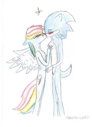 Size: 1700x2338 | Tagged: safe, artist:speckletehcat, rainbow dash, anthro, g4, blushing, crossover, crossover shipping, female, holly, holly mistaken for mistletoe, interspecies, kissing, male, shipping, sonic the hedgehog, sonic the hedgehog (series), sonicdash, straight, traditional art