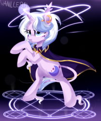 Size: 1600x1910 | Tagged: safe, artist:spookyle, oc, oc only, oc:moondust, classical unicorn, pony, unicorn, cape, clothes, female, horn, leonine tail, magic, magic circle, mare, rearing, runes, solo