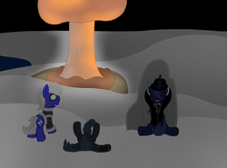 Size: 2104x1559 | Tagged: safe, artist:minty candy, oc, oc only, oc:aerith, oc:night strike, oc:static charge, alicorn, earth pony, pegasus, pony, fallout equestria, fallout equestria: empty quiver, explosion, goggles, mushroom cloud, story