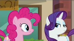 Size: 1280x720 | Tagged: safe, screencap, pinkie pie, rarity, g4, the gift of the maud pie, discovery family logo