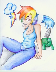 Size: 2250x2902 | Tagged: safe, artist:nayaasebeleguii, rainbow dash, tank, human, g4, humanized, traditional art