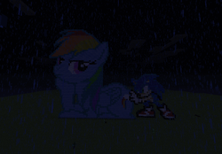 Size: 690x480 | Tagged: safe, artist:sonaze-knight, rainbow dash, g4, crossover, male, minecraft, minecraft pixel art, pixel art, rain, sonic the hedgehog, sonic the hedgehog (series)