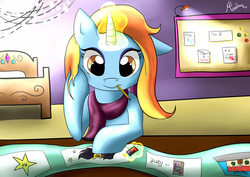 Size: 4960x3507 | Tagged: safe, artist:multraven94, sassy saddles, pony, g4, bed, bulletin board, drawing, female, filly, magic, mouth hold, pencil, sketch, solo, younger