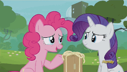 Size: 960x540 | Tagged: safe, screencap, pinkie pie, rarity, g4, the gift of the maud pie, animated, discovery family logo, female, hug, loop, present