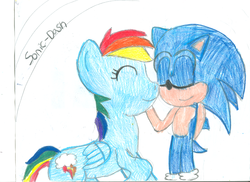 Size: 2340x1700 | Tagged: safe, artist:superdupertails, rainbow dash, g4, crossover, crossover shipping, eyes closed, female, interspecies, male, shipping, sonic the hedgehog, sonic the hedgehog (series), sonicdash, straight, traditional art