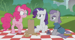 Size: 1274x681 | Tagged: safe, screencap, maud pie, pinkie pie, rarity, g4, the gift of the maud pie, animated, confetti, discovery family logo, female, loop, pouch, rock pouch, trotting, trotting in place
