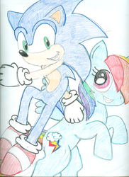 Size: 1700x2340 | Tagged: safe, artist:superdupertails, rainbow dash, g4, crossover, male, sonic the hedgehog, sonic the hedgehog (series), traditional art