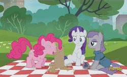 Size: 852x518 | Tagged: safe, screencap, maud pie, pinkie pie, rarity, earth pony, pony, g4, the gift of the maud pie, animated, confetti, discovery family logo, female, loop, perfect loop, pouch, pronking, rock pouch