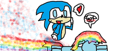 Size: 1331x543 | Tagged: safe, artist:squ33furtheships, rainbow dash, pony, g4, 1000 hours in ms paint, blushing, crossover, female, heart, interspecies, male, riding, sanic, shipping, sonic riding rainbow dash, sonic the hedgehog, sonic the hedgehog (series), sonicdash, speech bubble, straight, wingless