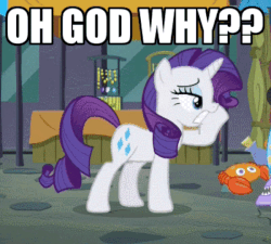 Size: 600x540 | Tagged: safe, edit, edited screencap, screencap, rarity, g4, the gift of the maud pie, animated, cute, eyes closed, faint, falling, female, frown, gritted teeth, image macro, marshmelodrama, meme, on side, reaction image, solo, text, why