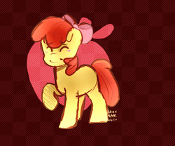 Size: 1200x1000 | Tagged: safe, artist:sundaeswirl, apple bloom, g4, apple, bow, checkered background, female, filly, food, signature, solo