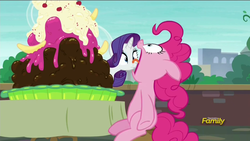 Size: 1280x720 | Tagged: safe, screencap, pinkie pie, rarity, g4, the gift of the maud pie, discovery family logo, food, ice cream, open mouth, sundae, tongue out