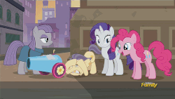 Size: 960x540 | Tagged: safe, screencap, maud pie, pinkie pie, rarity, street rat, g4, the gift of the maud pie, animated, cowering, discovery family logo, loop