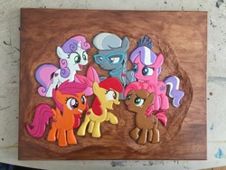 Size: 1024x768 | Tagged: safe, artist:spikefiremane, apple bloom, babs seed, diamond tiara, scootaloo, silver spoon, sweetie belle, g4, commission, cutie mark, cutie mark crusaders, irl, open mouth, photo, the cmc's cutie marks, woodwork