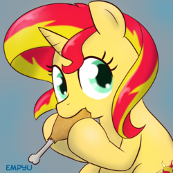 Size: 1000x1000 | Tagged: safe, artist:empyu, sunset shimmer, chicken, pony, unicorn, g4, chicken leg, eating, female, food, ponies eating meat, solo, subversion, subverted meme, sunset wants her old digestive system back