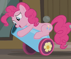 Size: 721x594 | Tagged: safe, screencap, maud pie, pinkie pie, g4, the gift of the maud pie, animated, cropped, female, loop, party cannon, raised eyebrow, sentimental value, stroking