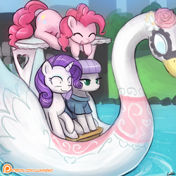 Size: 750x750 | Tagged: safe, artist:lumineko, maud pie, pinkie pie, rarity, earth pony, pony, unicorn, g4, the gift of the maud pie, corral park, eyes closed, female, lake, manehattan, nervous, patreon, patreon logo, smiling, swan boat, that was fast, water, wide eyes