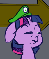 Size: 522x625 | Tagged: safe, artist:krucification, twilight sparkle, pony, g4, cap, drawthread, female, glare, hat, luigi, luigi's hat, male, requested art, solo, squint, super mario bros.