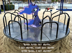 Size: 1600x1195 | Tagged: safe, princess luna, g4, beach, cute, i get around, irl, lyrics, merry-go-round, photo, playground, ponies in real life, song reference, text, the beach boys, vector