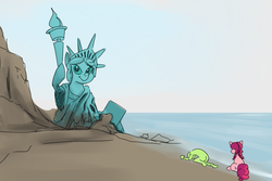 Size: 900x600 | Tagged: safe, artist:cheshiresdesires, oc, oc only, oc:anon, oc:marker pony, human, parody, planet of the apes, statue of liberty, you blew it up