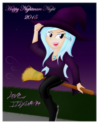 Size: 2855x3573 | Tagged: safe, artist:iflysna94, trixie, human, g4, broom, clothes, costume, female, flying, flying broomstick, halloween, high res, humanized, nail polish, nightmare night, open mouth, sitting, smiling, solo, witch