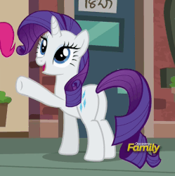 Size: 473x474 | Tagged: safe, screencap, pinkie pie, rarity, pony, g4, the gift of the maud pie, animated, butt, discovery family logo, female, mare, plot, solo focus