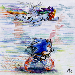 Size: 500x497 | Tagged: safe, artist:kyubi-the-fox, rainbow dash, g4, crossover, male, sonic the hedgehog, sonic the hedgehog (series), traditional art