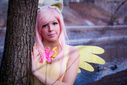 Size: 1024x683 | Tagged: safe, artist:tinemarieriis, fluttershy, human, g4, clothes, cosplay, costume, element of kindness, irl, irl human, photo, tree
