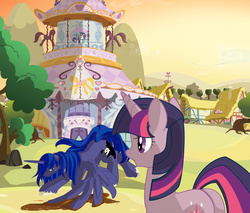 Size: 4189x3577 | Tagged: safe, artist:bigbuxart, princess luna, rarity, twilight sparkle, g4, carousel boutique, fanfic art, rule 63