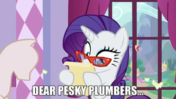 Size: 1280x720 | Tagged: safe, edit, edited screencap, screencap, rarity, canterlot boutique, g4, season 5, glasses, hotel mario, image macro, letter, mannequin, meme, quote, rarity's glasses, text