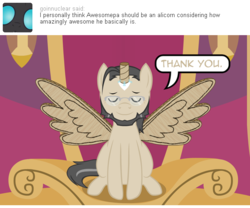 Size: 540x450 | Tagged: safe, artist:aha-mccoy, oc, oc only, oc:ross mclovin, alicorn, pony, nopony-ask-mclovin, ask, cardboard wings, fake horn, fake wings, solo, speech bubble, tumblr