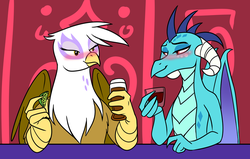 Size: 943x600 | Tagged: safe, artist:foxenawolf, gilda, princess ember, dragon, griffon, g4, alcohol, bedroom eyes, blushing, commission, crack shipping, drinking, drunk, female, gember, lesbian, shipping