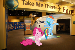 Size: 670x445 | Tagged: artist needed, safe, pinkie pie, rainbow dash, g4, egypt, exhibit, facehoof, flipped script, indiana, indianapolis, irl, photo, plane, ponies in real life, role reversal, vector