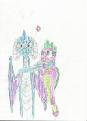 Size: 2353x3280 | Tagged: safe, artist:derek the metagamer, princess ember, spike, dragon, g4, gauntlet of fire, female, glare, high res, hug, male, overprotective, ship:emberspike, shipping, straight