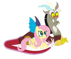 Size: 2592x2136 | Tagged: safe, artist:squipycheetah, discord, fluttershy, pegasus, pony, g4, crossed arms, cute, discute, eyebrows, female, folded wings, happy, high res, looking down, looking up, male, protecting, ship:discoshy, shipping, shyabetes, simple background, sitting, smiling, spread wings, straight, transparent background, vector