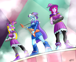 Size: 4000x3285 | Tagged: safe, artist:mutanobr, fuchsia blush, lavender lace, trixie, equestria girls, g4, my little pony equestria girls: rainbow rocks, band, cape, clothes, female, group, hat, high res, musical instrument, open mouth, performing, playing, scene interpretation, singing, stage, synthesizer, tricks up my sleeve, trio, trixie and the illusions, wizard hat