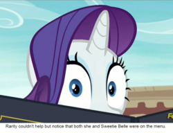 Size: 982x753 | Tagged: safe, edit, edited screencap, screencap, rarity, g4, the gift of the maud pie, bertstrips, cropped, implied cannibalism, implied sweetie belle, meme, menu, ponestrip, soon, wide eyes