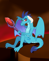 Size: 1920x2400 | Tagged: safe, artist:catlover1672, princess ember, dragon, g4, gauntlet of fire, ass, bloodstone scepter, butt, dragon lord ember, dragoness, feet, female, looking at you, sitting, solo, volcano