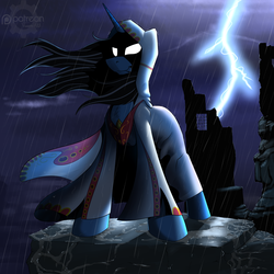 Size: 2000x2000 | Tagged: safe, artist:twotail813, oc, oc only, oc:silver lining, pony, unicorn, rcf community, clothes, hidden face, high res, hood, lightning, night, rain, robe