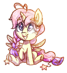 Size: 434x470 | Tagged: safe, artist:spacechickennerd, oc, oc only, oc:lullaby, alicorn, pony, alicorn oc, ear fluff, female, filly, looking up, raised hoof, simple background, sitting, solo, spread wings, transparent background, wings