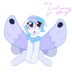Size: 2400x2400 | Tagged: safe, artist:eyeburn, oc, oc only, oc:starburn, mothpony, original species, pegasus, pony, clothes, costume, cute, dialogue, high res, solo