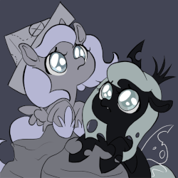 Size: 600x600 | Tagged: safe, artist:thiefofcookies, princess luna, oc, oc:imogen, changeling, changeling queen, moonstuck, g4, animated, big eyes, cartographer's cap, changeling oc, changeling queen oc, cute, eye shimmer, female, filly, hat, lunabetes, weapons-grade cute, woona
