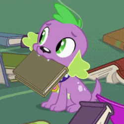 Size: 290x290 | Tagged: safe, screencap, spike, dog, equestria girls, g4, my little pony equestria girls, animated, book, cropped, gif, male, pointing, solo, spike the dog