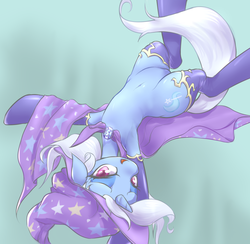 Size: 1280x1250 | Tagged: safe, artist:mlpanon, trixie, pony, unicorn, g4, armpits, belly button, cape, clothes, featureless crotch, female, hat, looking at you, mare, on back, smiling, socks, solo, stockings, trixie's cape, trixie's hat, upside down