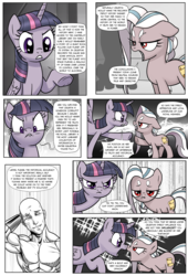 Size: 1309x1920 | Tagged: safe, artist:pencils, twilight sparkle, oc, oc:anon, oc:papyra maroon, alicorn, earth pony, human, pony, comic:anon's pie adventure, g4, angry, argument, comic, eye contact, female, filly, heresy, human male, looking at each other, male, mare, nose to nose, scrunch battle, scrunchy face, twilight sparkle (alicorn)
