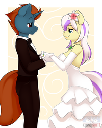 Size: 1200x1500 | Tagged: safe, artist:kloudmutt, oc, oc only, anthro, bowtie, breasts, cleavage, clothes, evening gloves, female, flower, gloves, male, marriage, necklace, oc x oc, shipping, straight, tuxedo, wedding