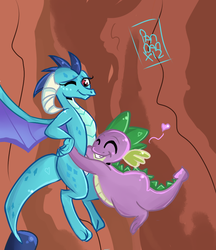 Size: 780x901 | Tagged: safe, artist:pandanx12, princess ember, spike, dragon, g4, gauntlet of fire, duo, duo male and female, eyes closed, female, grin, heart, hug, male, one eye closed, smiling