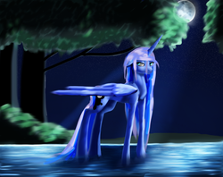 Size: 1024x812 | Tagged: safe, artist:aliceandamy, princess luna, g4, crepuscular rays, female, moon, night, solo, tree, water