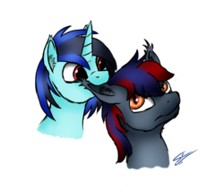 Size: 1858x1595 | Tagged: safe, artist:speed-chaser, oc, oc only, oc:azlux, oc:lightning storm, bat pony, pony, biting, bust, colored sketch, duo, ear bite, portrait, request, simple background, transparent background